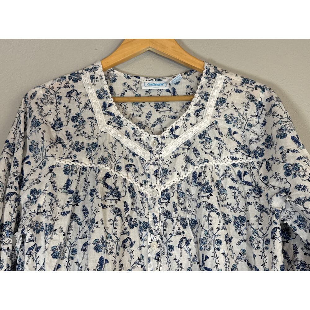 Vintage Bird Floral Print Long Nightgown Cotton Pajama Large Cottagecore Granny - Picture 2 of 7